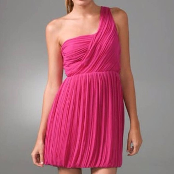 Theory Silk Taliana One Shoulder Pink Bubble Hem Mini Dress - Picture 6 of 10